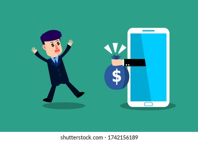 Businessman happy when they receive money from smartphone screen. Business Concept. Vector illustration