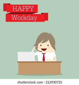 businessman is happy at the workday call center receive phone, business concept
