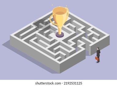 Businessman and hard path to success isometric vector illustration. Office manager standing front of maze thinking strategy trying to choose right way. Goal achievement and labyrinth concept