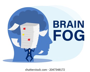 Businessman hard work with many papers on head as anxiety, brain fog, crisis,concept vector illustrato