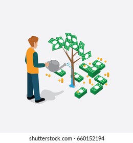 businessman hard work for money tree finance