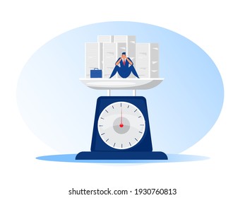 Businessman Hard work in office and busy unhappy man and stacks of paper . Vector flat illustration