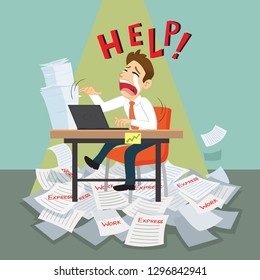Businessman hard working with pile of work, illustration vector cartoon
