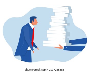 businessman hard work,man stress with hand holding piles of paper document overload work