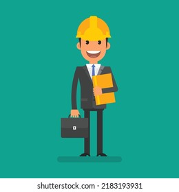 Empresario en hardhat con maletín y carpeta. Gente plana. Ilustración vectorial