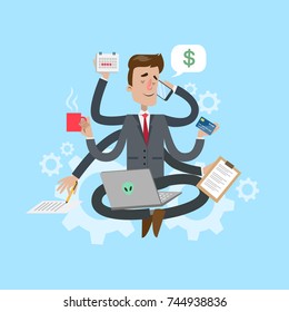 Businessman in harmony. Multitasking man in lotus pose with six hands.