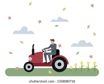 Businessman harvests money. Company income metaphor. Flat style. Cartoon vector illustration