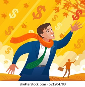 Businessman harvests money from the money tree. Successful investing.