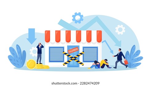 Businessman has become bankrupt and closed business. Financial crisis. Global economic crash. Stopping commerce activity. Business people upset about recession, economy problems. Store shop is closed