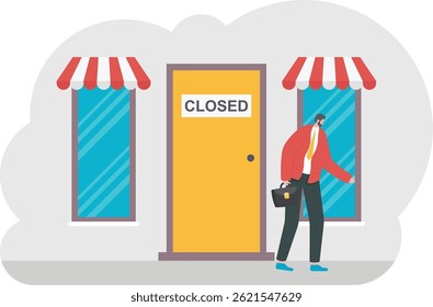Businessman has become bankrupt and closed the business. Sign ?losed on the front door. Vector, illustration, flat
