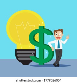 Businessman has a bright idea about money, illustration vector cartoon
