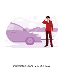 The businessman has a car engine failure on the road and is waiting for help from the towing service. Marketing Trends concept. Trend Modern vector flat illustration