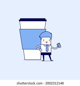 Businessman has coffee break. Cartoon character thin line style vector.