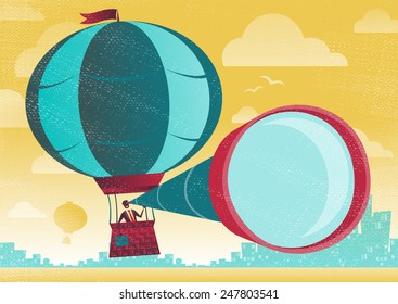 Businessman has a great view in a Hot Air Balloon. Great illustration of Retro styled Businessman who has the best view of the business landscape.