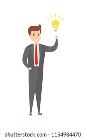 Businessman has an idea. Idea of creative thinking and brainstorm. Light bulb as a metaphor of idea. Isolated flat vector illustration