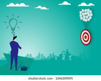 businessman has ideas for success,businessman stands on the arrow and a light idea, business concept vector illustration eps10.