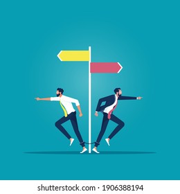 Businessman Has To Make Decision Which Way To Go For His Success, Business Team Or Partner Go Different Way, Different Or Unique Concept