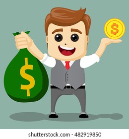 Businessman has money vector illustration. Manager character with dollar bag and gold coin in hands. Businessman has money cash and gold coin. Flat illustration. Happy manager character with money.