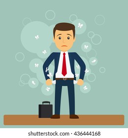 Businessman has no money. Business man standing with his pockets out. Vector illustration