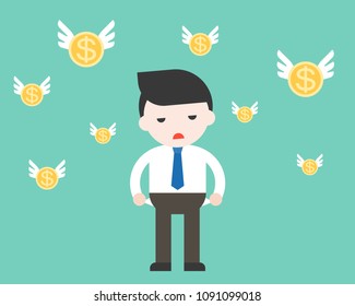 Businessman has no money with flying coin, flat design