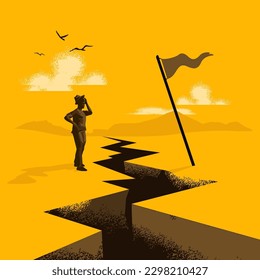 A businessman has to overcome a tough problem and obstacles to reach his end goals. The road to success and the challenges leading to it concept vector illustration.