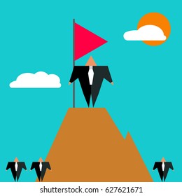 Businessman has reached top in his career. Boss stands on top of mountain with flag. Icon of success. Vector illustration.