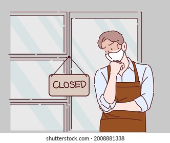 Businessman has sad mood with closed sign board hanging on the door of cafe because due to viral infection. Hand drawn in thin line style, vector illustrations.