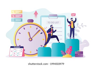 Businessman has successfully completed work by appointed time. Concept of time management, self-discipline. Big clock and to do list. Schedule with events and deeds. Trendy flat vector illustration