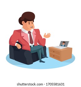 businessman has teleconference video call on his laptop at home. Remote working at home. Self isolation concept. Flat vector illustration - Shutterstock ID 1705581631