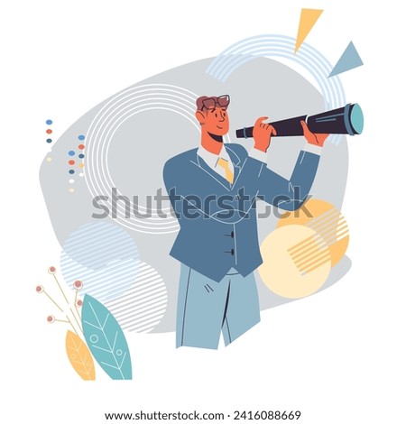 Businessman has a vision and ability to see business opportunities, discovering new solutions and driving success. Develop vision and seize business opportunities concept, flat vector illustration.