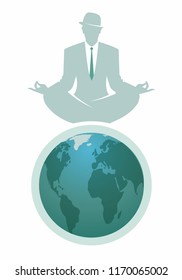 Businessman with hat doing yoga on the top of the World