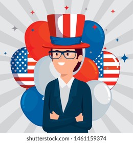 businessman with hat and glasses with usa balloons