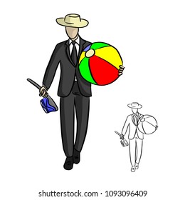 businessman with hat holding big beach ball and scuba vector illustration sketch doodle hand drawn with black lines isolated on white background
