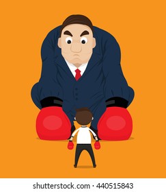 Businessman have the courage to fight the giant.businessman boxing against a big boss.