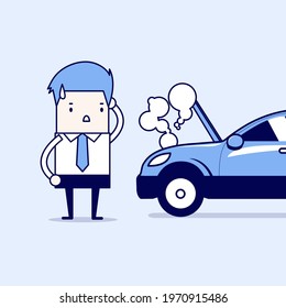 Businessman have a force majeure, a car broke down. Cartoon character thin line style vector.