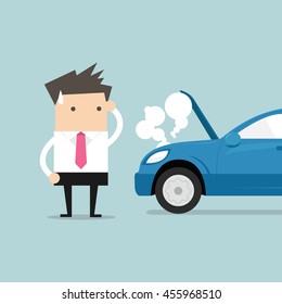 Businessman have a force majeure, a car broke down. vector