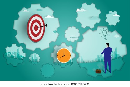 Businessman have a good idea and look at the darts in the middle of the target with time on city landscape,business concept vector eps10.