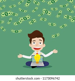 Businessman have the idea of using laptop to create online business that make a lot of money fall down, Cartoon vector illustration