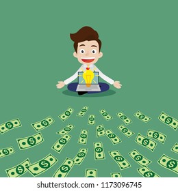 Businessman have the idea of using laptop to create online business that attracts a lot of money, Cartoon vector illustration