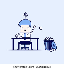 Businessman have no idea and throwing crumpled paper to trash. Cartoon character thin line style vector.