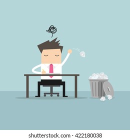 Businessman have no idea and throwing crumpled paper to trash. vector