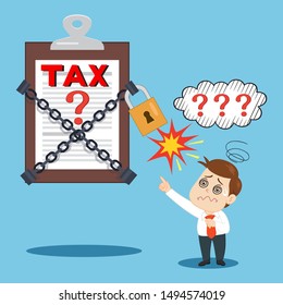 Businessman have problems with tax documents locked with a lock, illustration vector cartoon