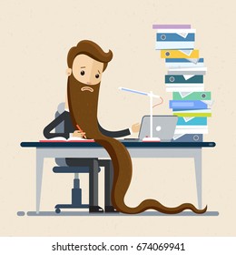 Businessman have a lot of work, he works all the time. Businessman with long beard.  Vector, illustration, flat 