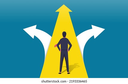 Businessman having to choose between three different choices indicated by arrows pointing in opposite direction concept, Choosing the correct pathway