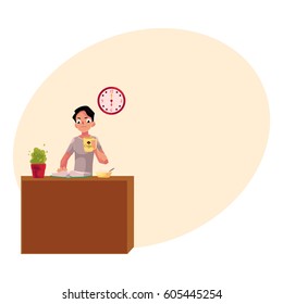 Businessman having early breakfast at home, holding cup of coffee while reading a book, cartoon vector illustration with place for text. Businessman, student having breakfast while reading