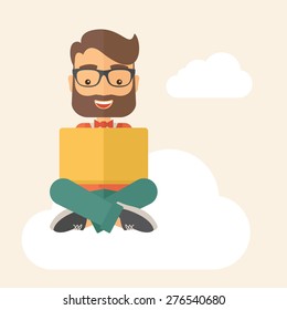 A Businessman having a great idea while reading a book. Business concept. A Contemporary style with pastel palette, soft beige tinted background. Vector flat design illustration. Square layout