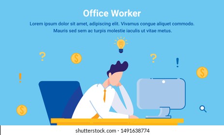 Businessman Having Idea Flat Cartoon Banner Vector Illustration. Office Worker Sitting at Desk and Working on Computer. Man Earning Money at Workplace. Clerk Looking at Screen. Employee with Icons.