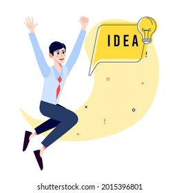 Businessman Having an Idea and Jumping out of Happiness. Creative Office Worker with Idea Light Bulb Concept. Cartoon Vector Illustration.