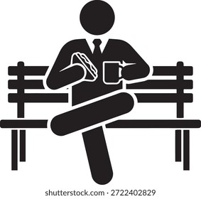Empresário tendo ícone de vetor de intervalo de almoço. Pessoa sentada num banco de parque comendo um sanduíche e segurando uma xícara de café. Trabalhador de escritório relaxando com comida. Estilo de glifo sólido.