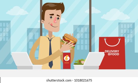 Businessman having lunch with delivery food at office.